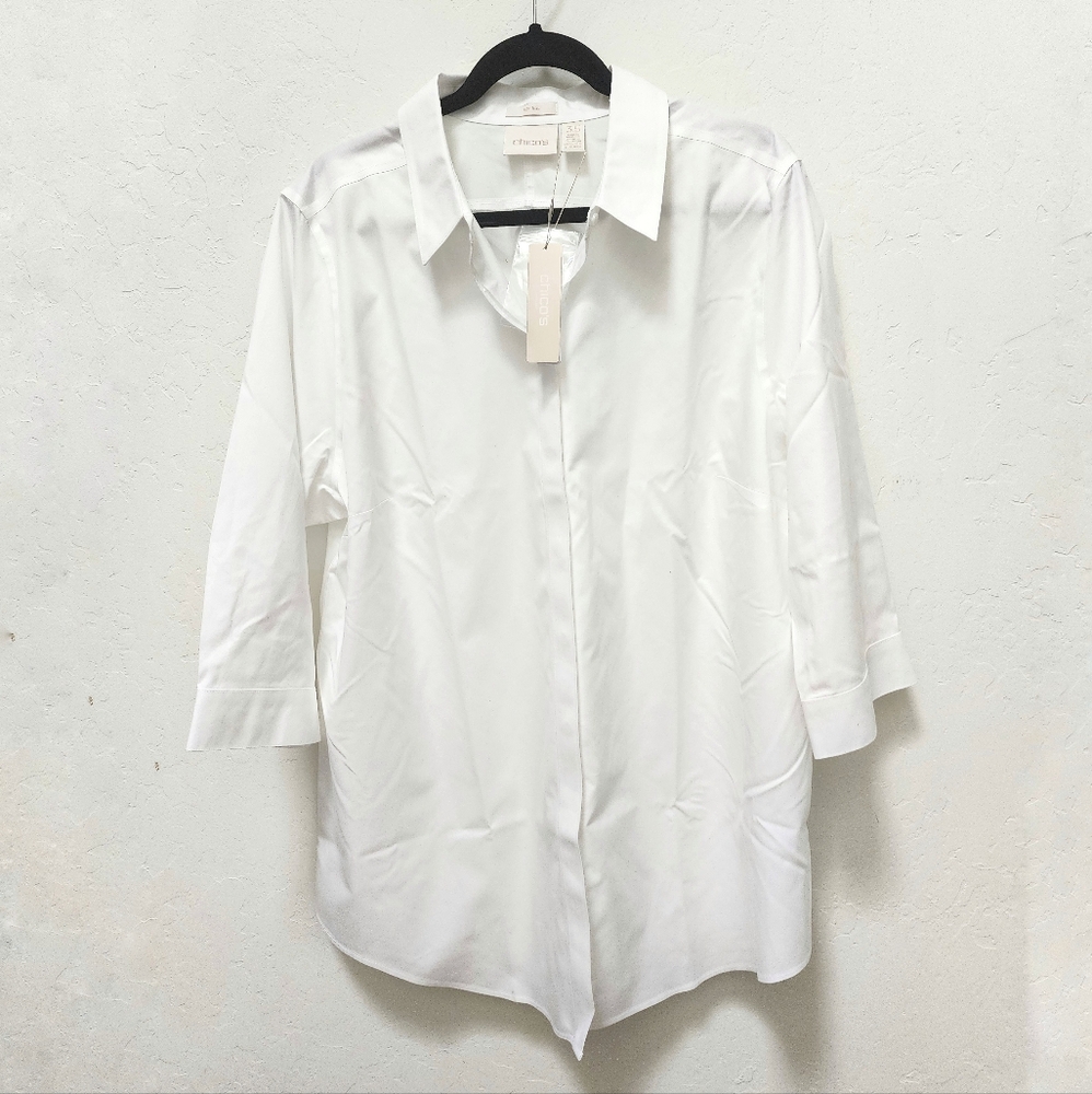 NEW Chico's 3/4 Sleeve Effortless Cotton Lia Button Up Tunic, Optic White, 3.5